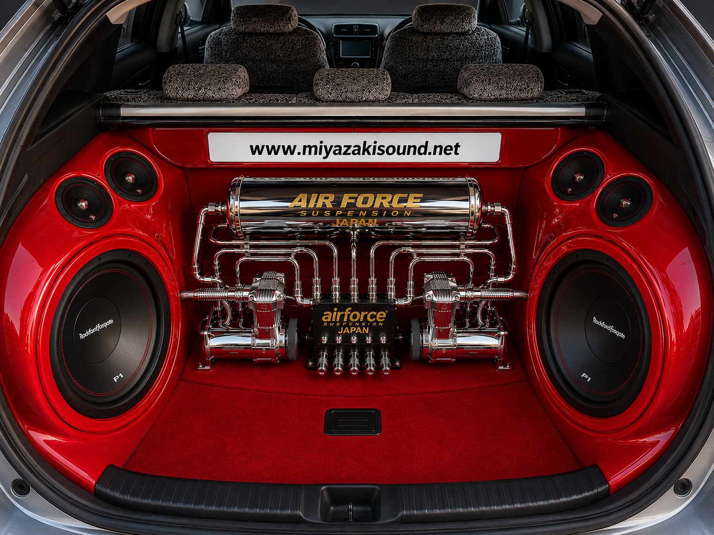 Projeto vermelho com som automotivo e Air Force Suspension Japan