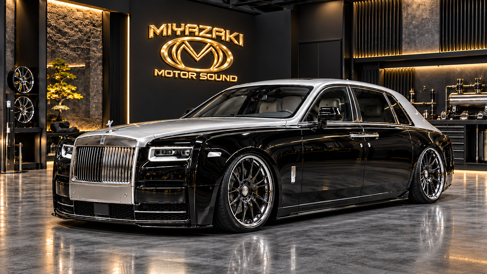 Rolls-Royce preto com teto e capô prateados depois da pintura personalizada